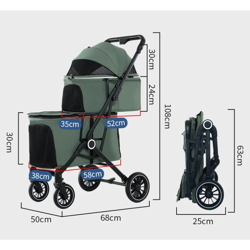 Double Pet Stroller for Dogs and Cats Travel Carriage with Safety Beltsand 4 Lockable Wheels  Foldable for Multi-Pet Medium