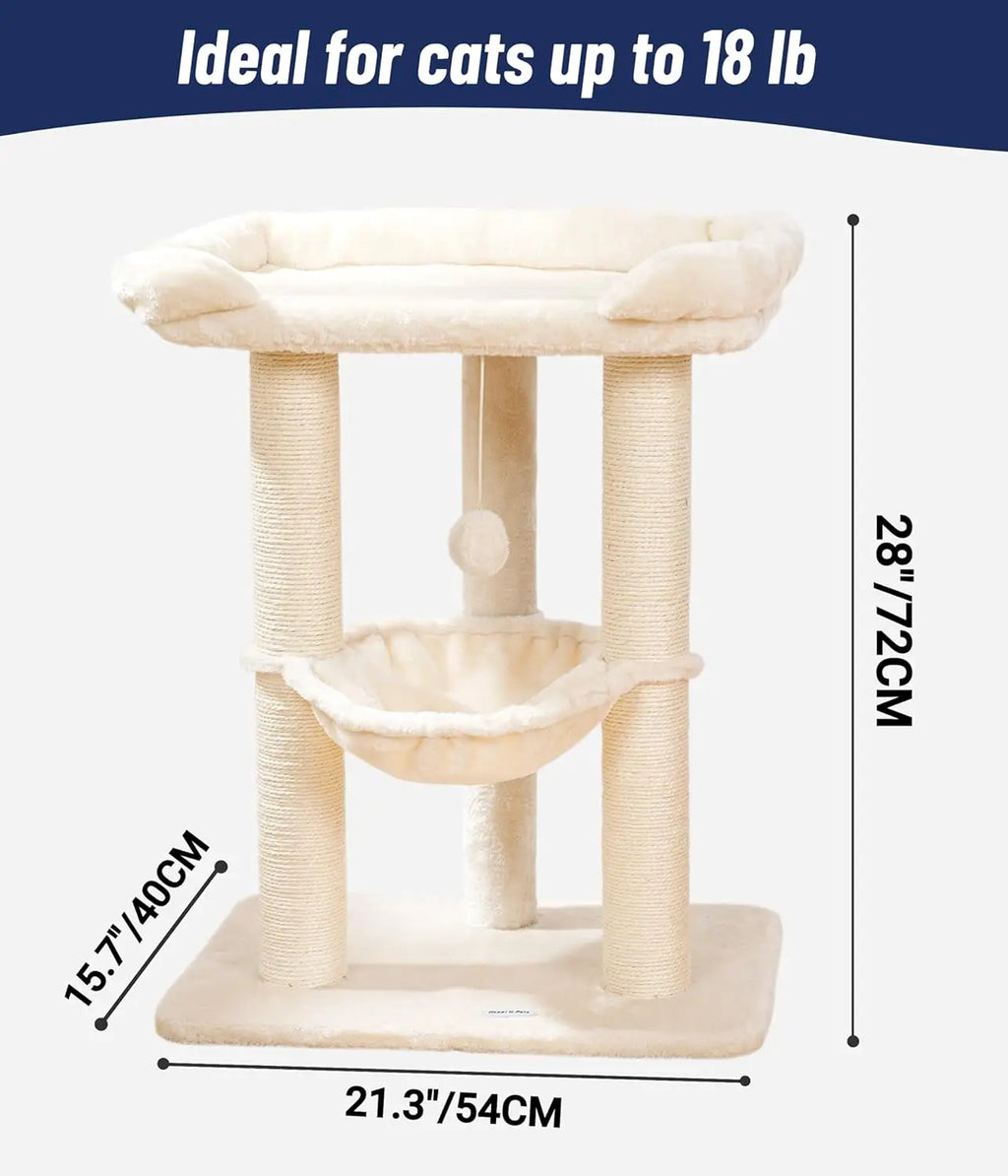 28in Cat Tree with Large Bed, Scratching Post & Hammock (Beige)