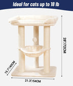 28in Cat Tree with Large Bed, Scratching Post & Hammock (Beige)