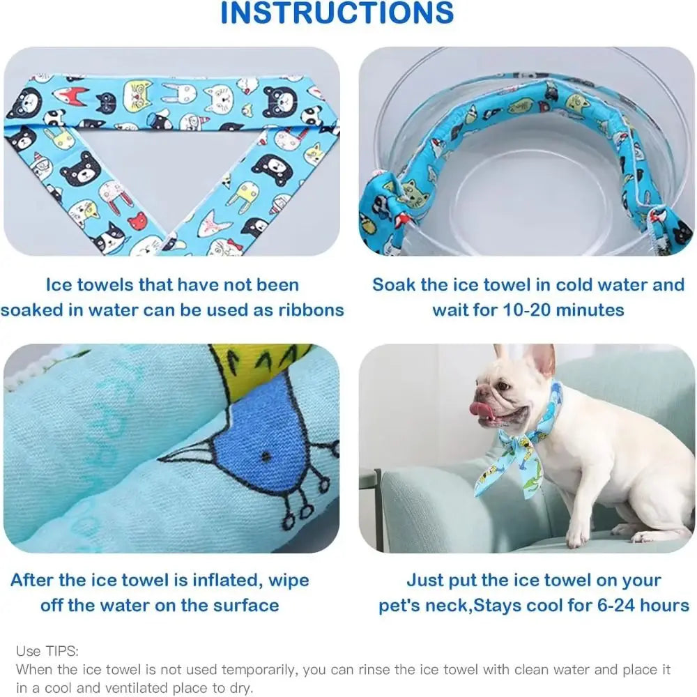 2Pcs Cute Print Pet Cooling Ice Scarf Adjustable Fast Cooling Pet Cool Neck Ring Ice Towel Reusable Puppy Ice Collar