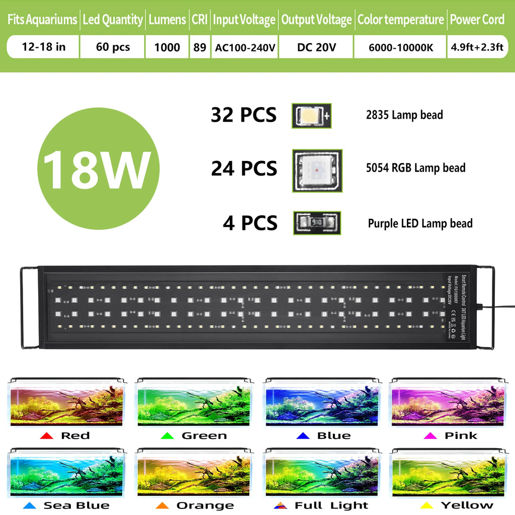 Full Spectrum Aquarium LED Light with Remote (30–60cm, IP68, Color & Brightness Control, Plant Grow)
