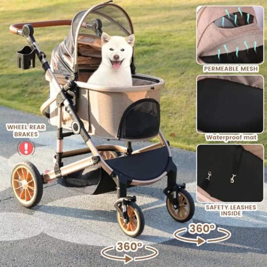 Bicystar Pet Stroller for Medium Dogs, Smooth-Ride Dog Stroller with Detachable Carrier, Rubber Wheels, Car Seat Combo 3-in-1,