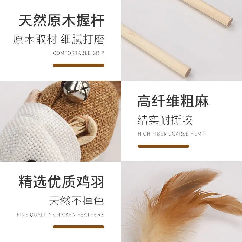 Colorful Feather Rod Cat Wand Toy — Interactive Wood Handle Teaser Stick for Cats