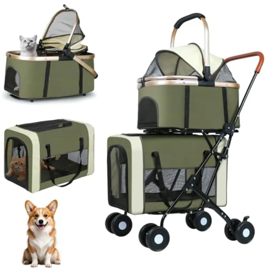 Double Pet Stroller for Dogs and Cats: Dog Stroller Foldable Travel Carriage with Detachable Carriers, Safety Belts, and 4 Lock