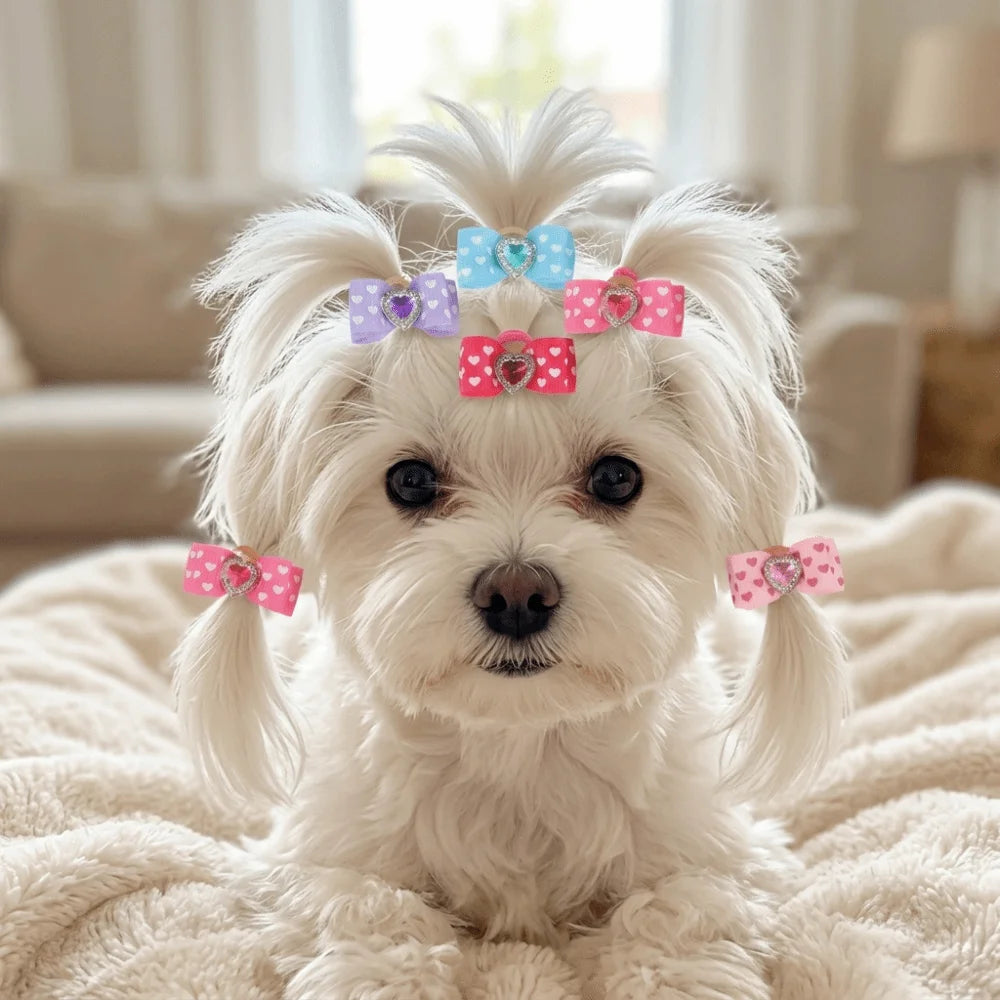 Heart-Shaped Pet Bow Hair Ties 20-Pack (Rhinestone, Elastic Band)