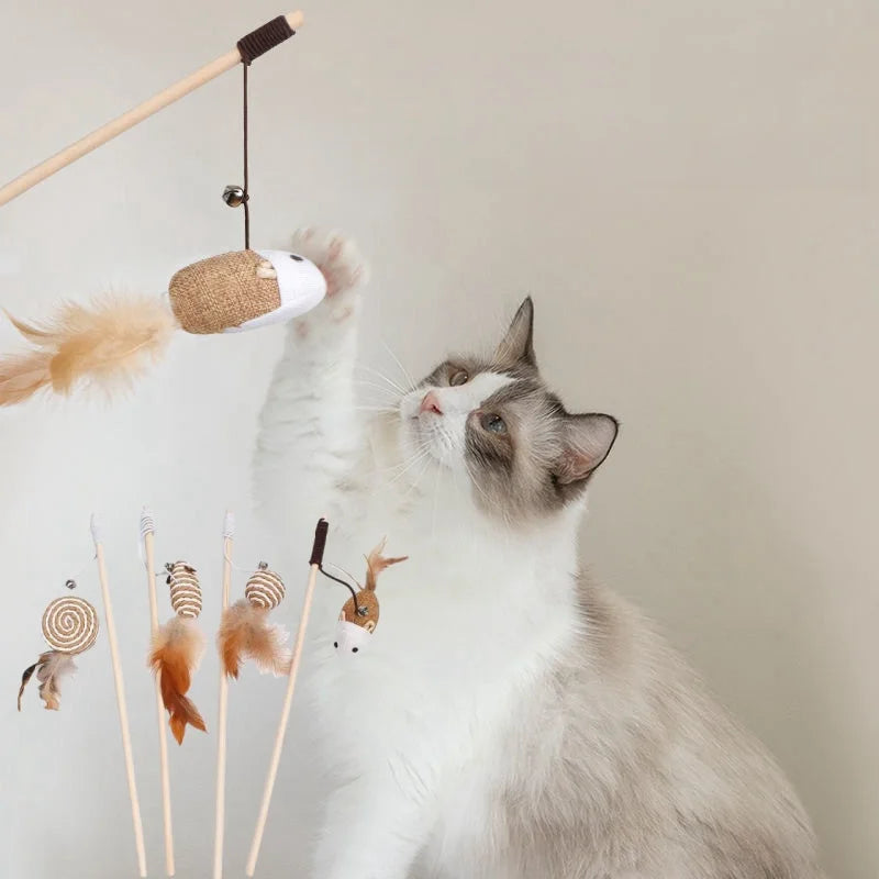 Colorful Feather Rod Cat Wand Toy — Interactive Wood Handle Teaser Stick for Cats