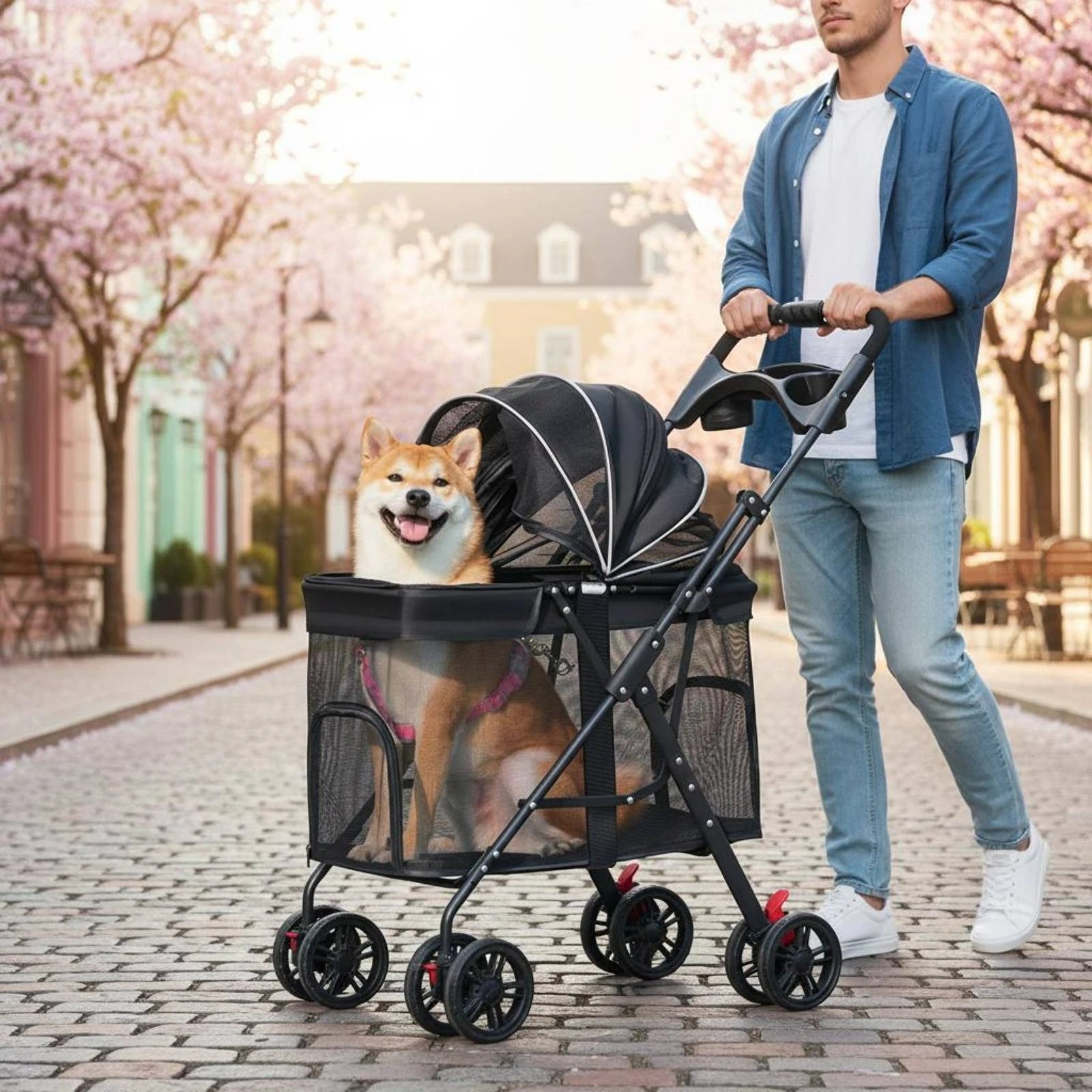 Multi-Purpose Pet Stroller Easy Fold Folding Pet Stroller Sturdy Frame Mesh Ventilation for Walks