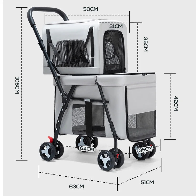 Portable Quick-Folding Double Pet Stroller for Dogs Cats with Detachable Carriers Pet Travel Strolling Cart for Outdoor Use
