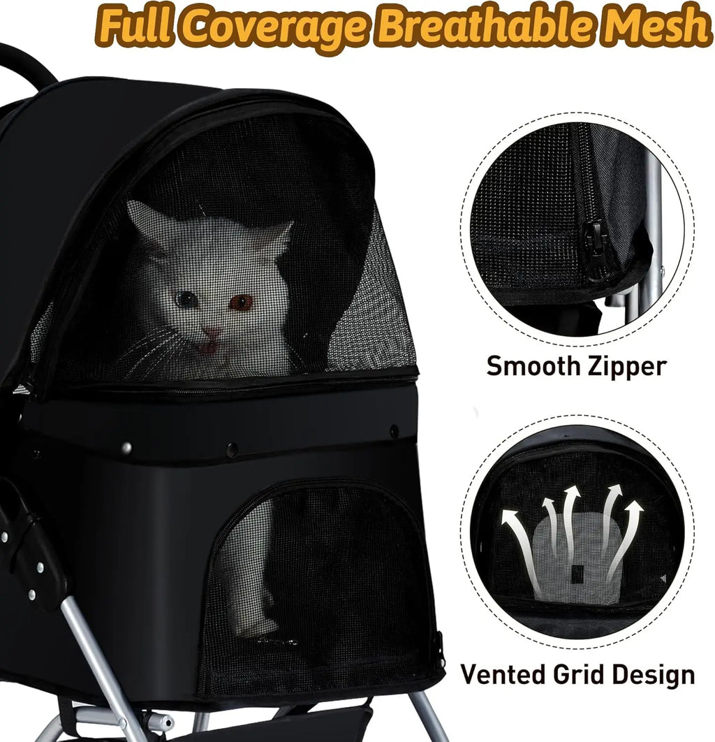 Foldable 4-Wheel Pet Stroller for Small Dogs & Cats, Breathable Mesh, Cup Holder & Storage Basket, Black