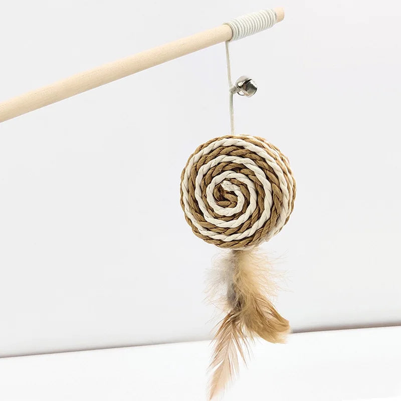 Colorful Feather Rod Cat Wand Toy — Interactive Wood Handle Teaser Stick for Cats