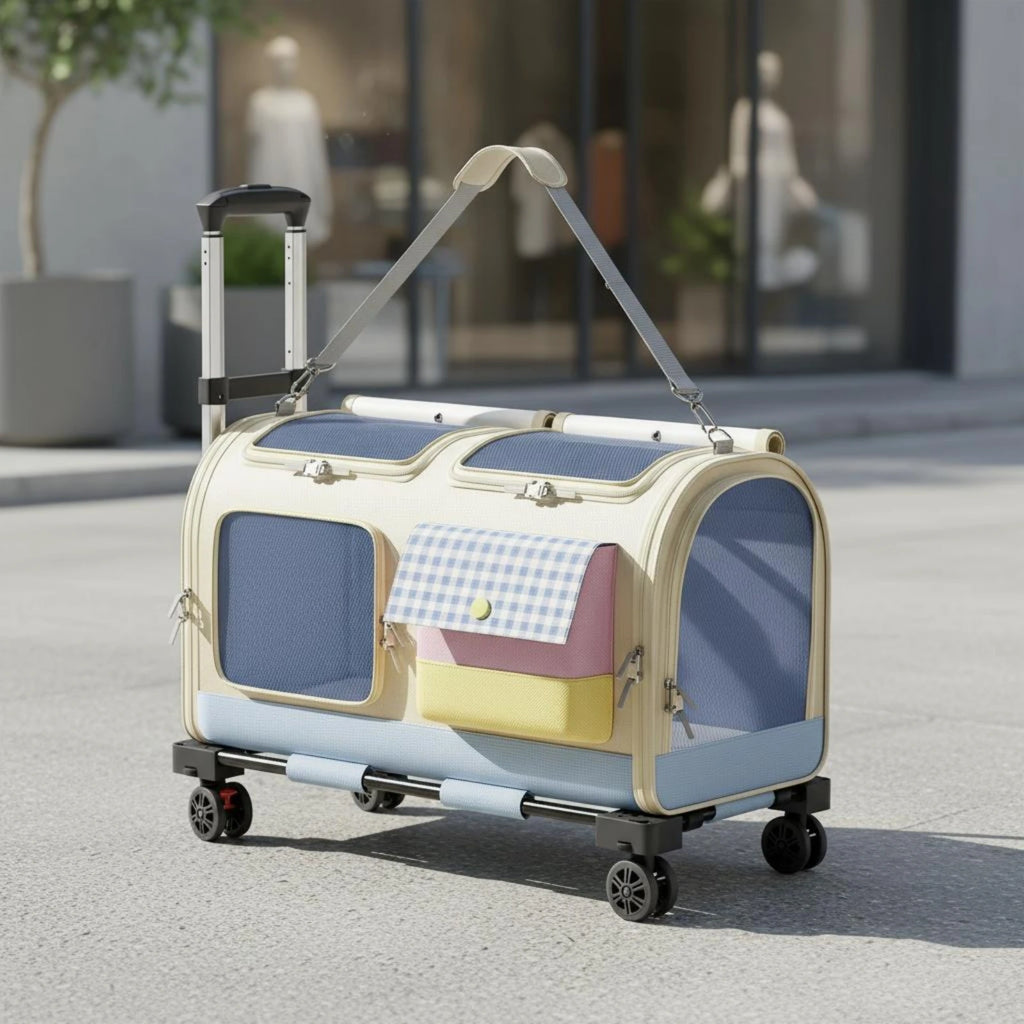 Feline Rolling Suitcase Telescopic Handle Pet Rolling Suitcase Multi-Feline Carrier Breathable Mesh Pet Carrier with Wheels