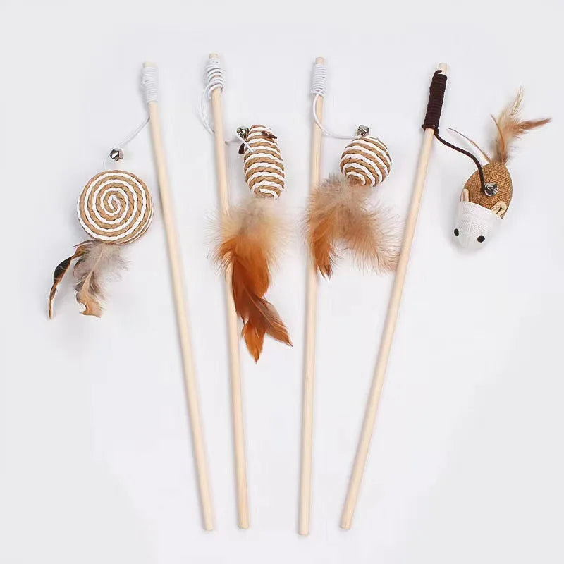 Colorful Feather Rod Cat Wand Toy — Interactive Wood Handle Teaser Stick for Cats