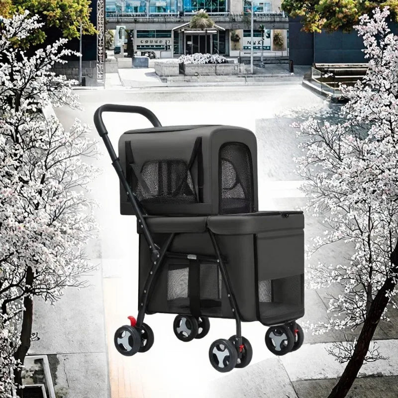 Luxury Double-Layer Eco-friendly ABS Material 4-Wheel Pet Stroller Small Large Dogs Cats Lightweight Travel Pet Carriers