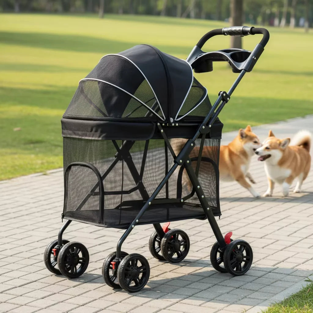 NCIPET Outdoor Waterproof Foldable Lightweight Adjustable 4-Wheel Separable Pet Stroller for Small Dogs with Detachable Trolley