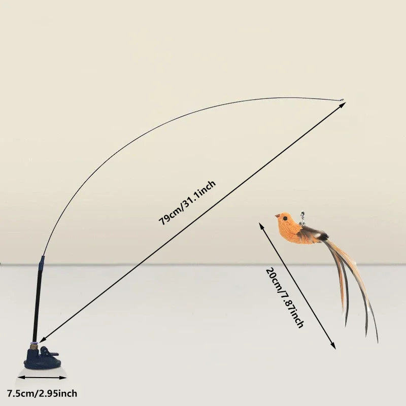 Simulated Bird Feather Cat Teaser Stick with Epoxy Sucker & Steel Wire Rod