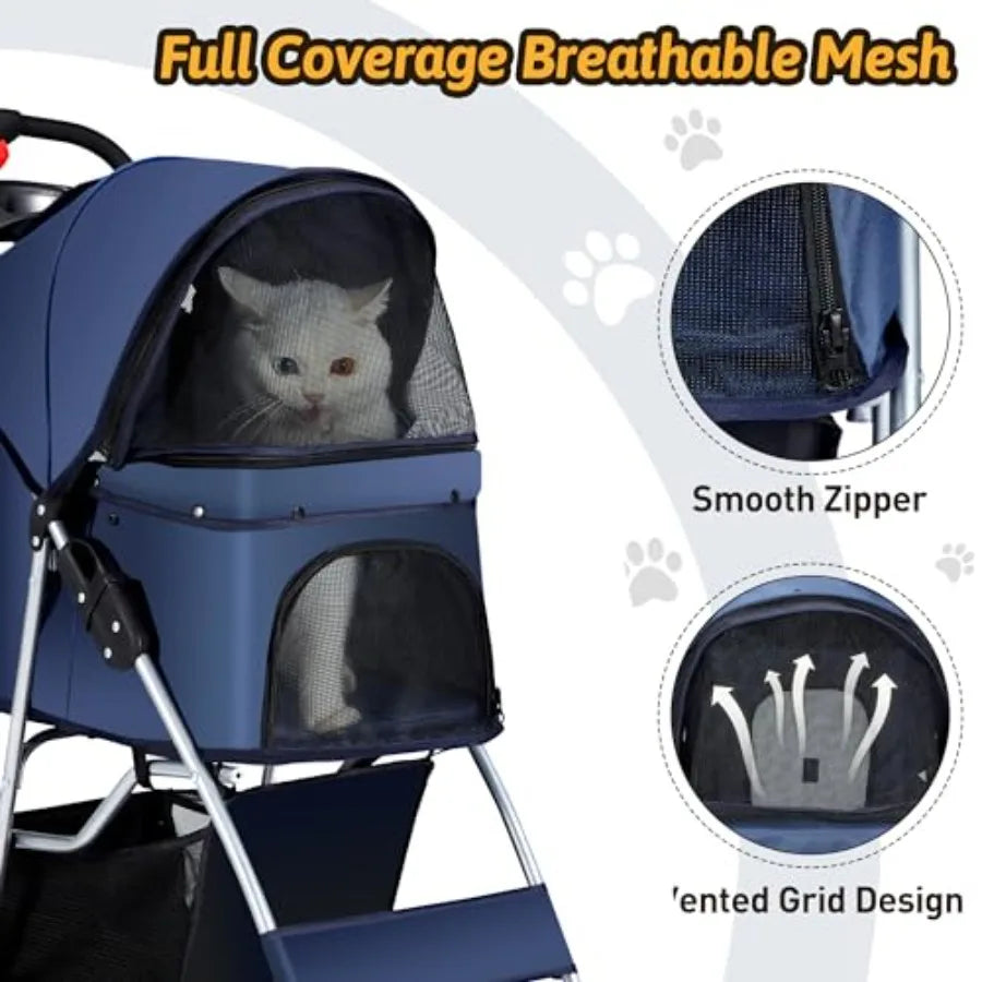 Pet Stroller, 4 Wheels Pet Strolling Cart for Medium/Small Dogs and Cats, Foldable Cat Jogger/Dog Stroller with Cup Holder, Sto