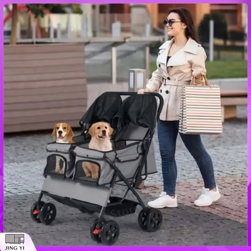 Foldable Double Pet Stroller with Adjustable Sunshade Storage Basket and Pet Travel Accessories for Dogs Cats Small Animals