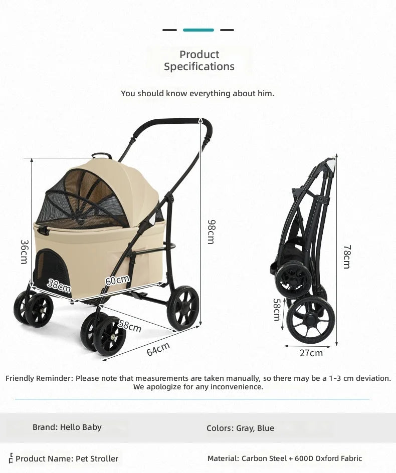 Pet Stroller for Small to Medium Dogs and Cats, Foldable and Detachable, Lightweight Portable Carrier, Travel Pet Carriage