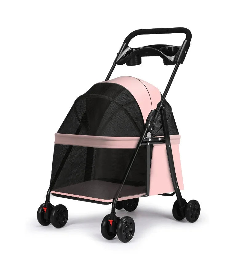 Pet 4 Wheels Dog Cat Stroller Portable Foldable Trolley Pet Carrier Cart Outdoor Travel Dog Cat Cage Stroller with Cup Holder
