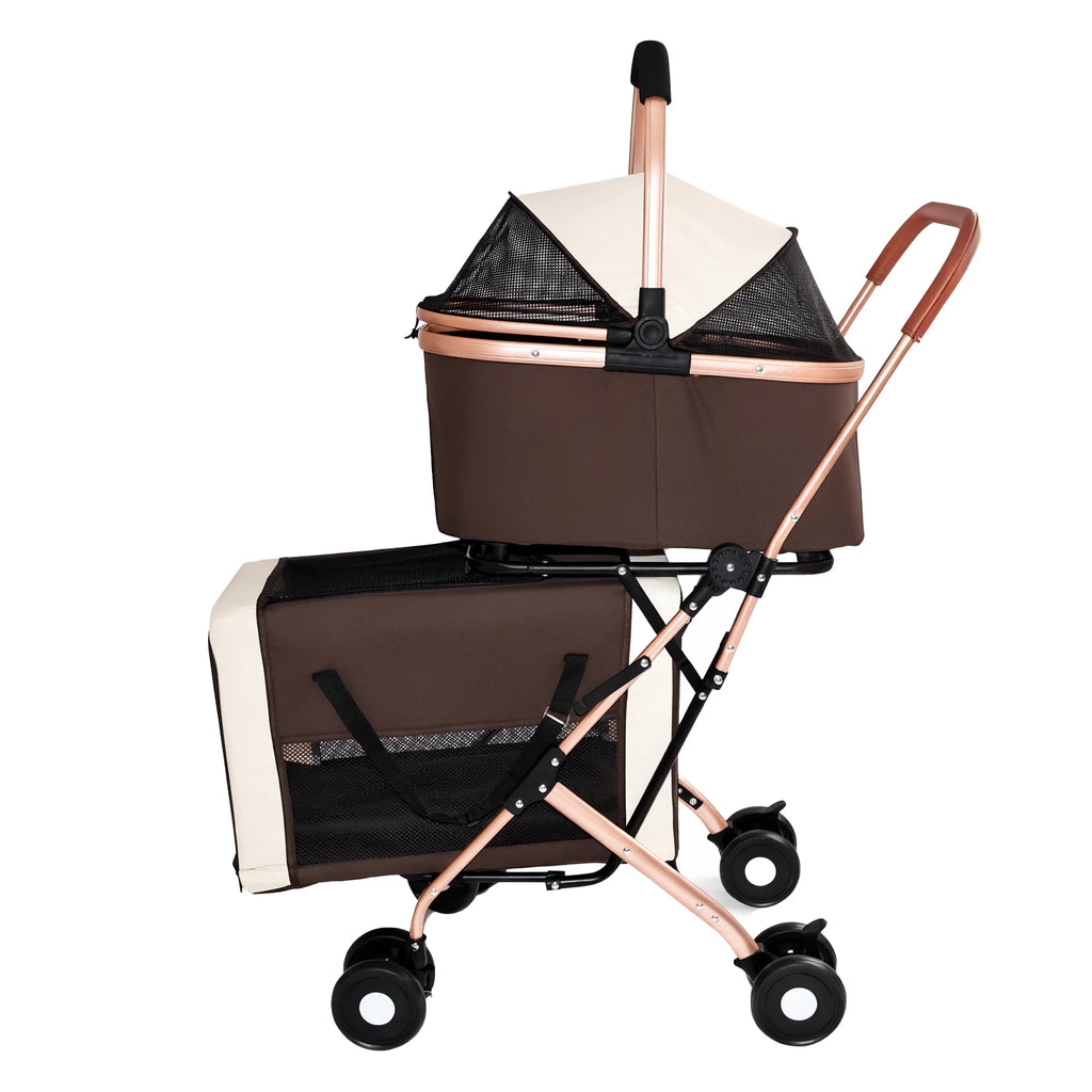 Double Pet Stroller for Dogs and Cats, Foldable Frame, 3-in-1 Convertible Carrier/Tote, Shockproof Wheels, Brake System, Fixed Safety Leashes for Small/Medium Pets in Multi-Pet Homes(Khaki)