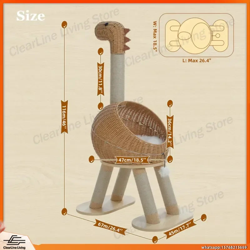 Dinosaur-Themed Rattan Cat Tree with Sisal Scratching Post