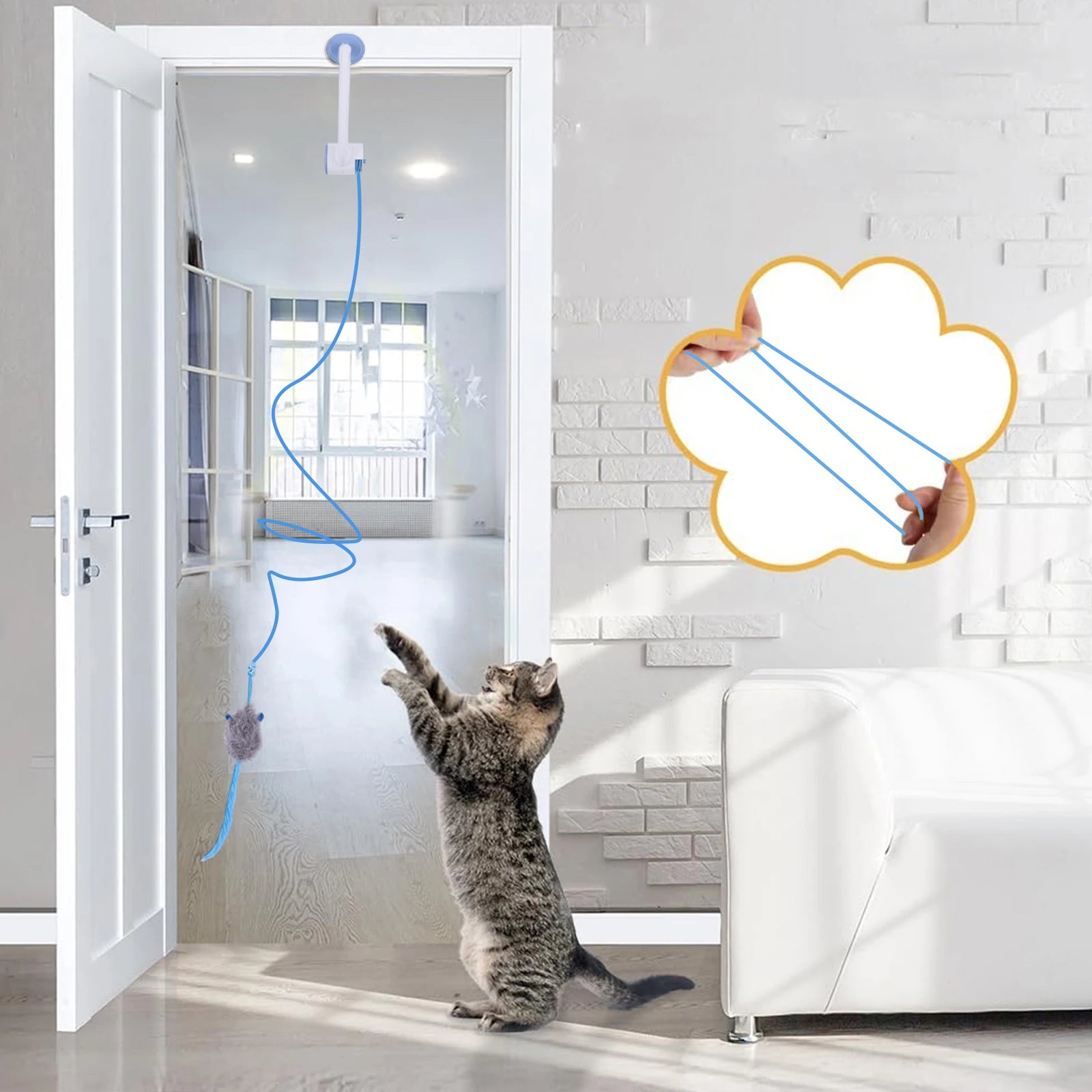 Door-Hanging Retractable Cat Teaser with 3 Catnip Mice — Automatic Indoor Kitten Toy