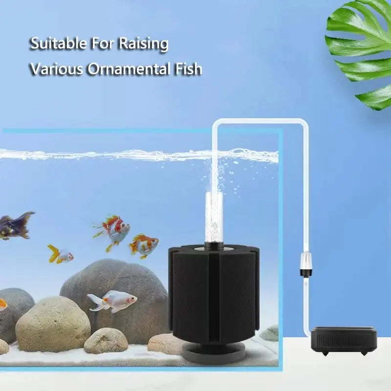 Black Bio Sponge Aquarium Filter (Air Pump Driven, Corner Skimmer, Biochemical Media)