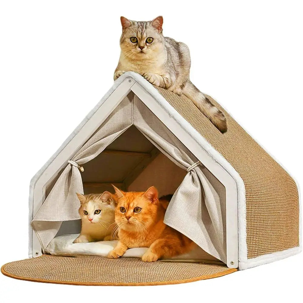Wooden Cat Cave Bed with Sisal Scratcher & Curtains (All-Season)