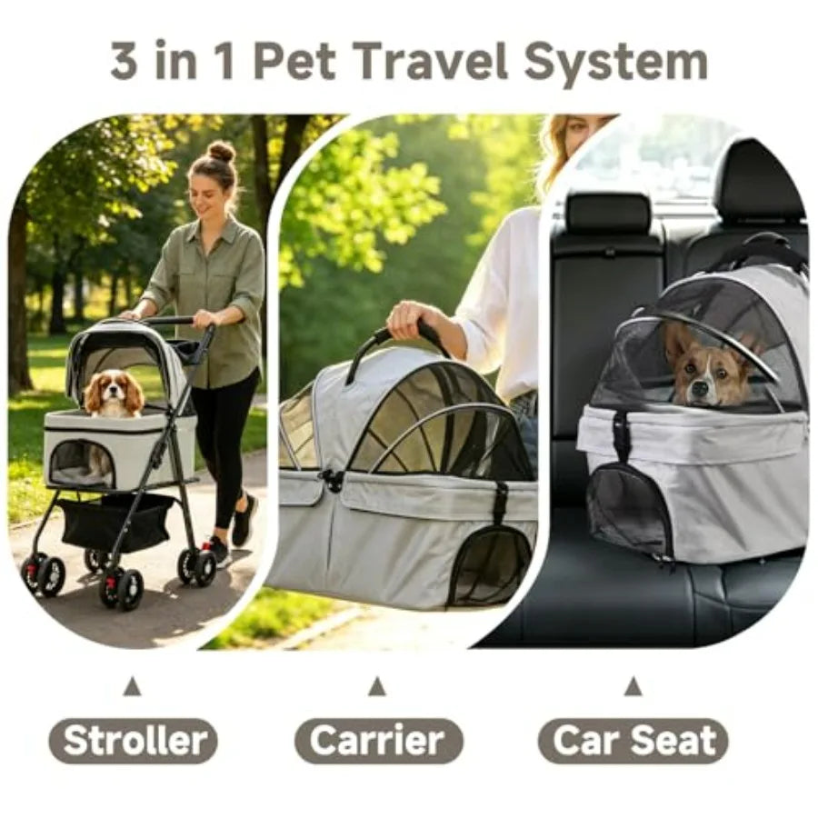 Pet Stroller for Small Dogs and Cats with 4 Wheels, 3 in 1 Foldable Dog Stroller with Detachable Carrier, Breathable Mesh, Stor