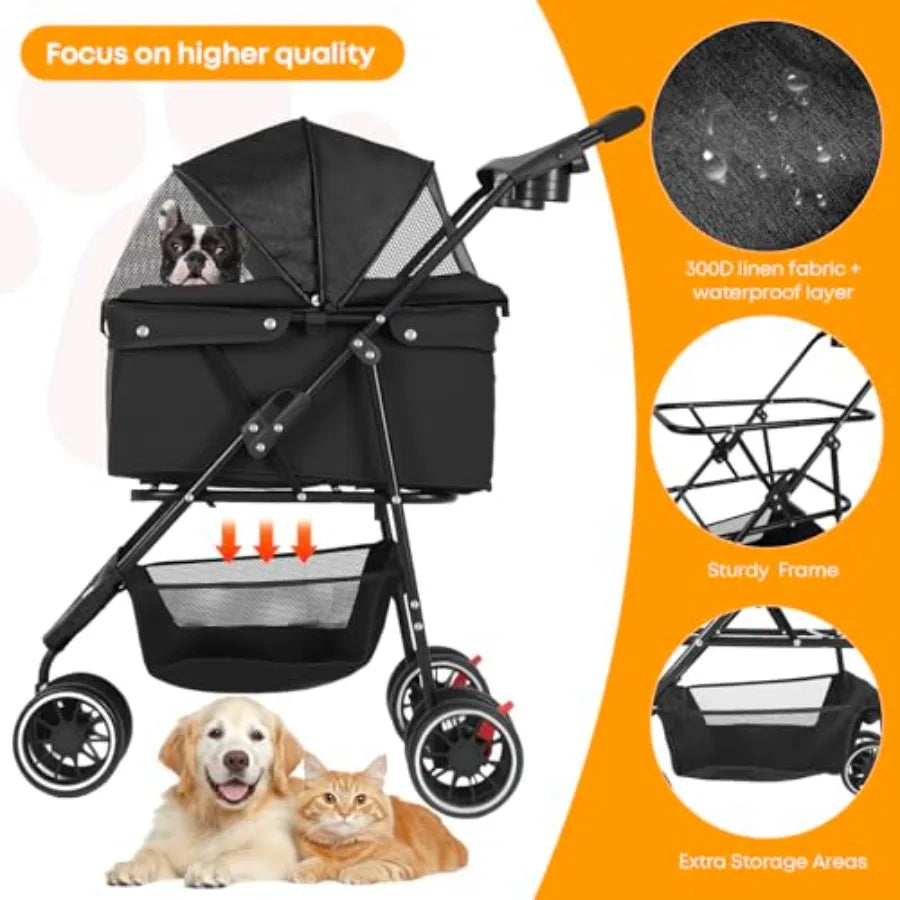 Pet Stroller, Dog Stroller for Small Medium Dogs Cats, 3 Wheels, Foldable, with Breathable Mesh Canopy, Cup Holders, Easy Assem