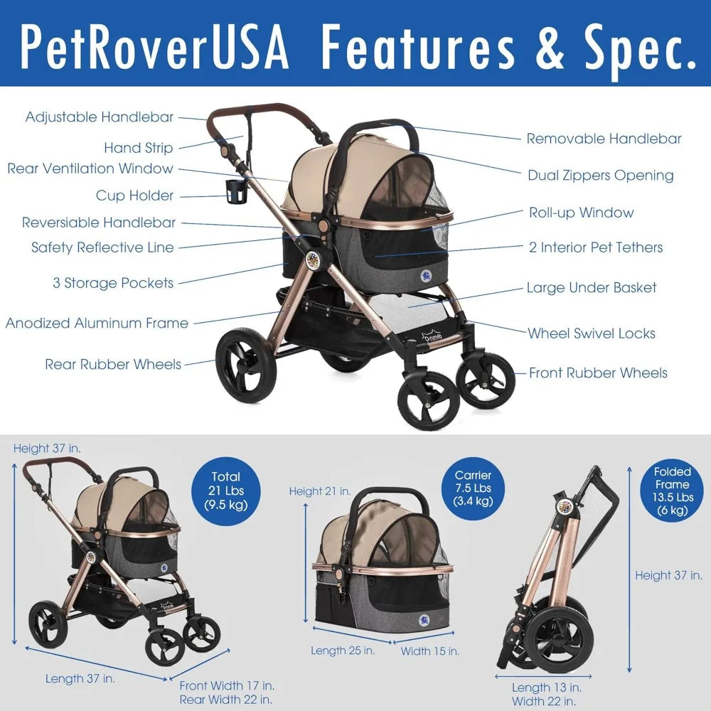 Pet Rover Prime 3-in-1 Luxury Dog/Cat Stroller (Travel Carrier + Car Seat + Stroller) with Detach Carrier/Pump-Free Rubber Tire