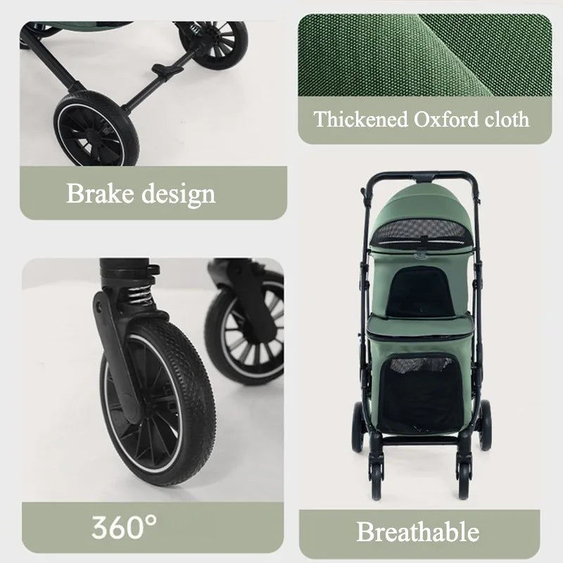 Double Pet Stroller for Dogs and Cats Travel Carriage with Safety Beltsand 4 Lockable Wheels  Foldable for Multi-Pet Medium