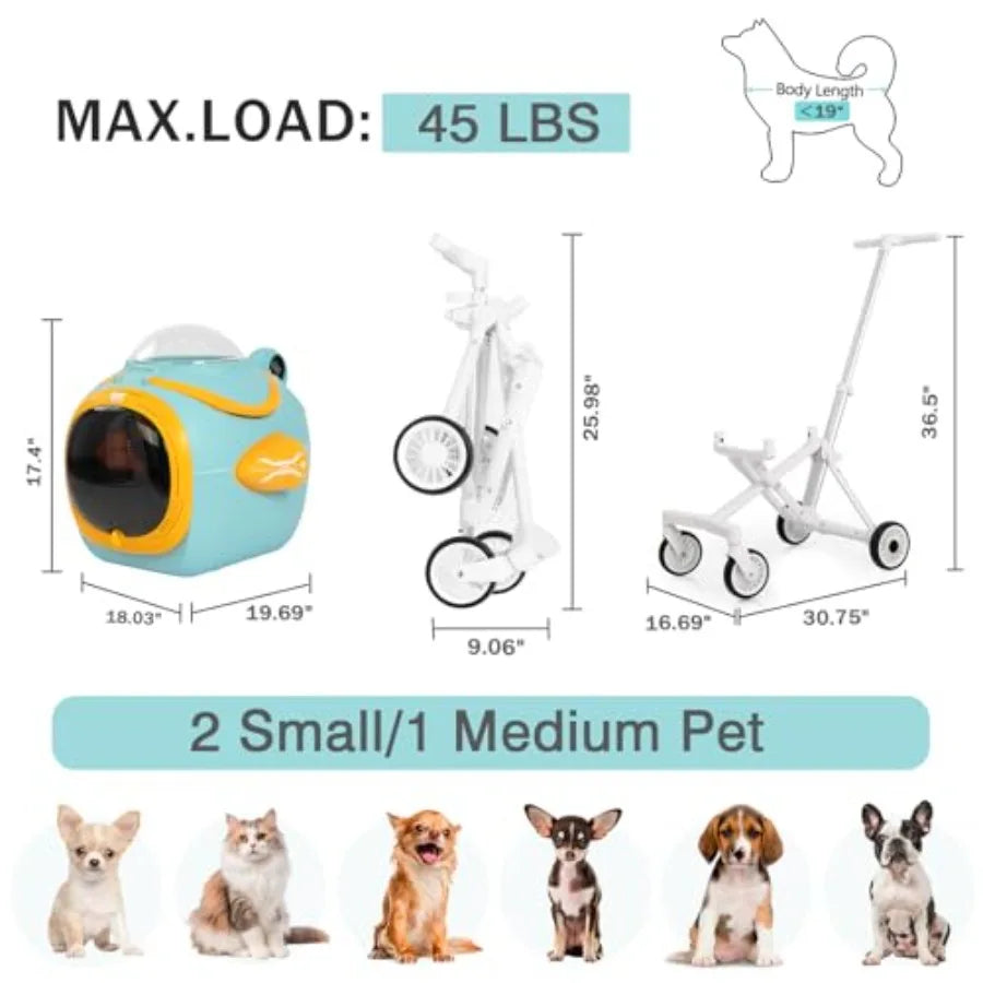 4 in 1 Foldable Pet Stroller with Detachable Carrier for Small Dogs Cats, Space Capsule Travel Stroller with Inbuilt Fan, Tempe