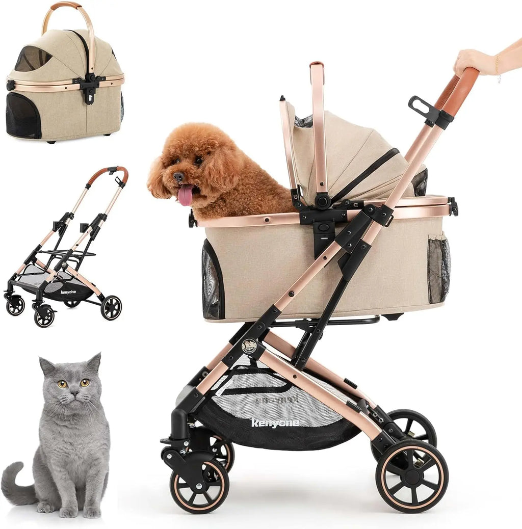 3-in-1 Pet Stroller for Outdoor Use, Aluminum Alloy, Khaki, Detachable Carrier & Pad, Lightweight, Foldable, Dual No-Zip Entry