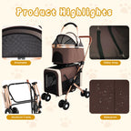 Double Pet Stroller for Dogs and Cats, Foldable Frame, 3-in-1 Convertible Carrier/Tote, Shockproof Wheels, Brake System, Fixed Safety Leashes for Small/Medium Pets in Multi-Pet Homes(Khaki)