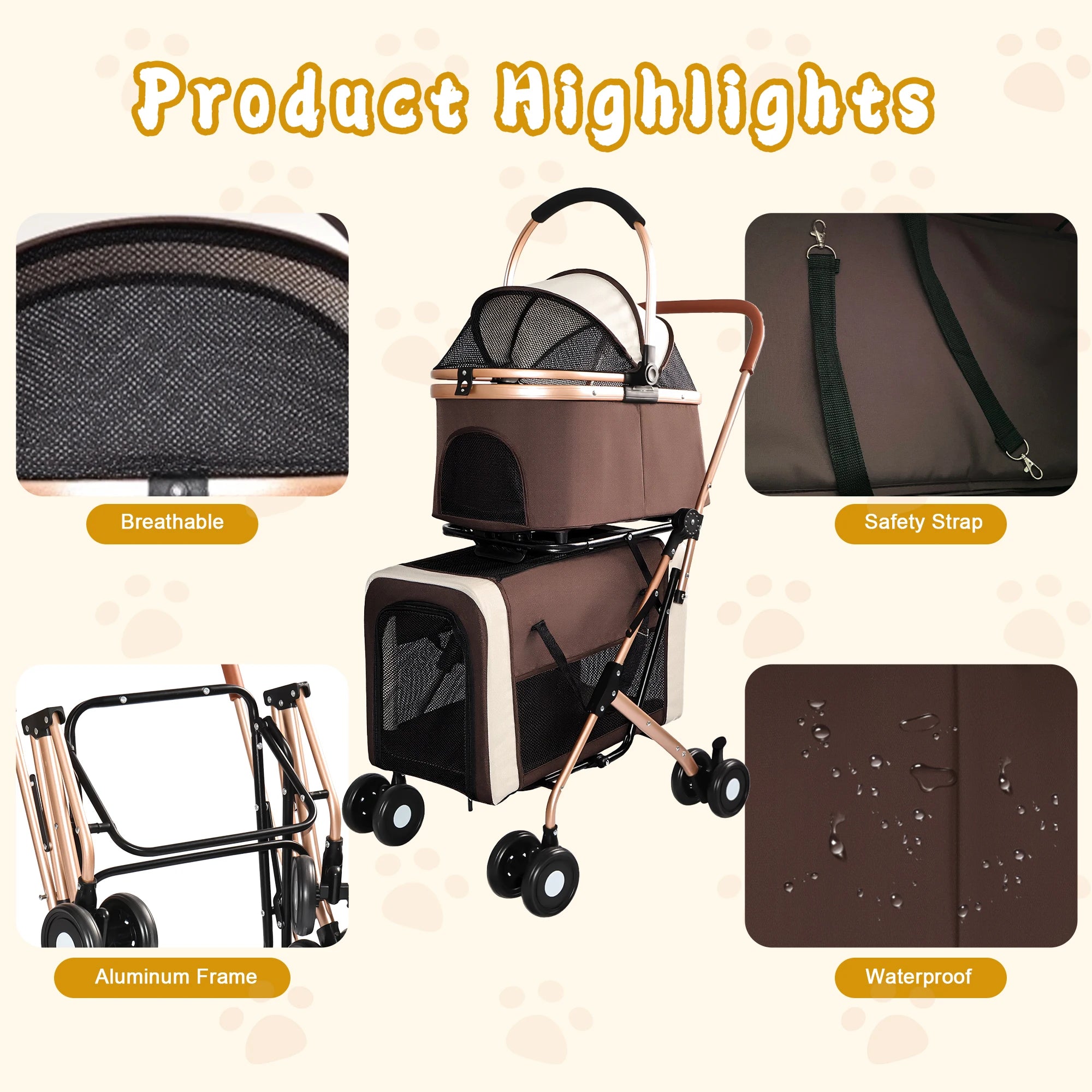 Double Pet Stroller for Dogs and Cats, Foldable Frame, 3-in-1 Convertible Carrier/Tote, Shockproof Wheels, Brake System, Fixed Safety Leashes for Small/Medium Pets in Multi-Pet Homes(Khaki)