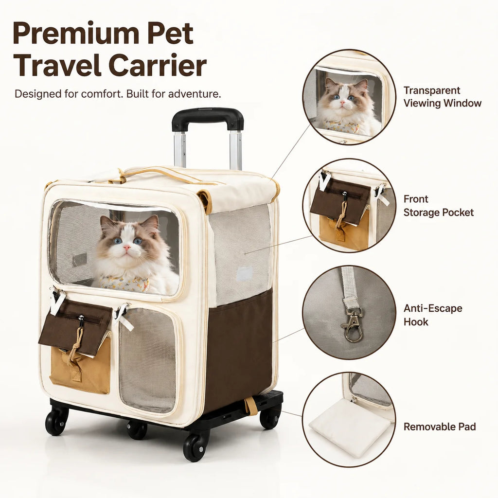 2-in-1 Rolling Cat Carrier with Wheels, Telescopic Handle, Polyester Pet Travel Bag, Clear Window, Mesh Ventilation
