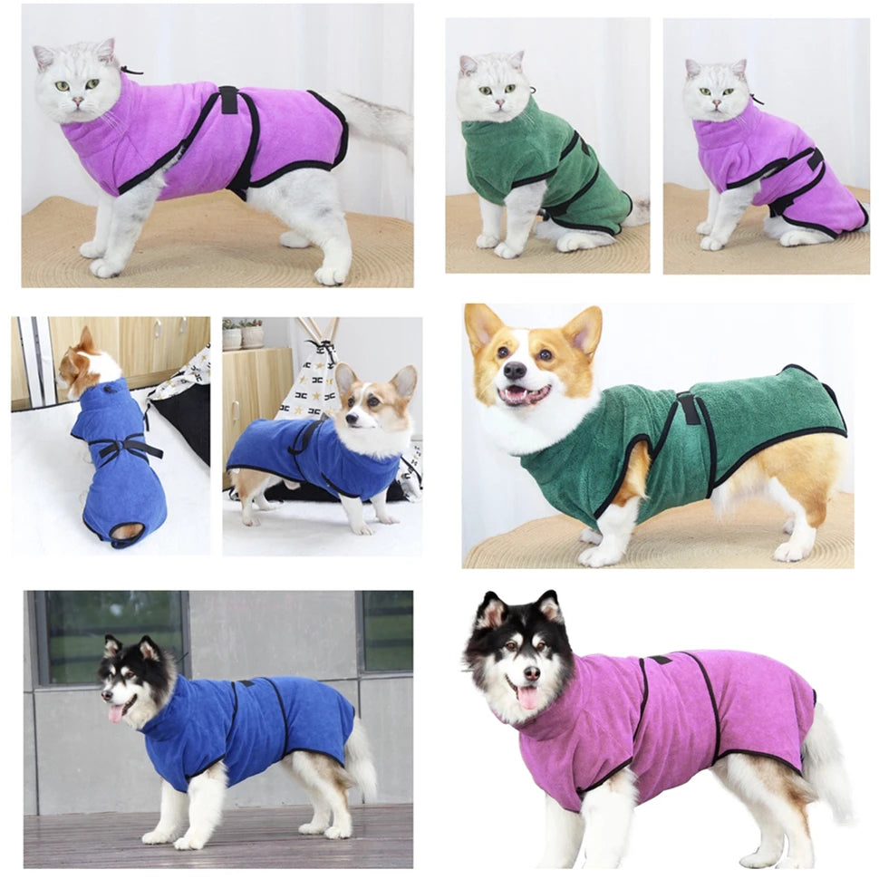 Fast Drying Towel with Adjustable Collar and Waist for Dogs and Cats, Soft Bathrobe, Super Absorbent Bath Robe, Microfiber Coat