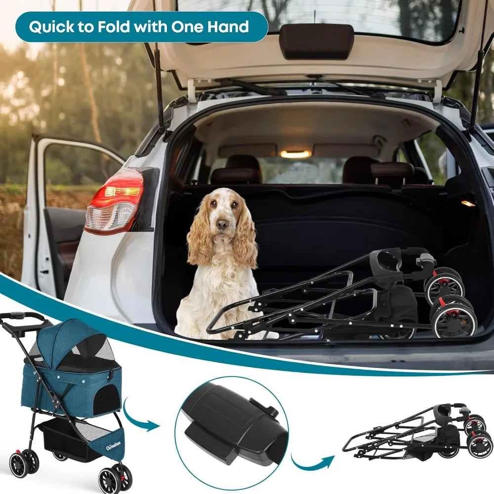 3-Wheel Pet Stroller for Small to Medium Dogs & Cats, Foldable with Mesh Canopy & Cup Holders, Easy Assembly