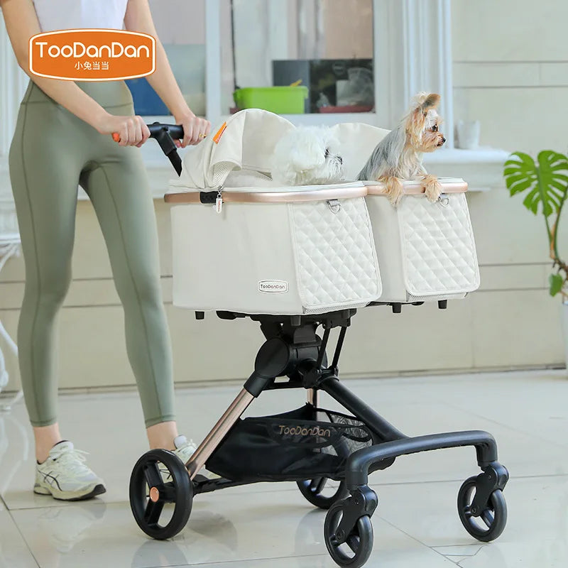 Khaki Color Detachable Double Stroller That Can Be Folded for Two Dogs and Cats To Go Out and Play. High Quality Double Stroller