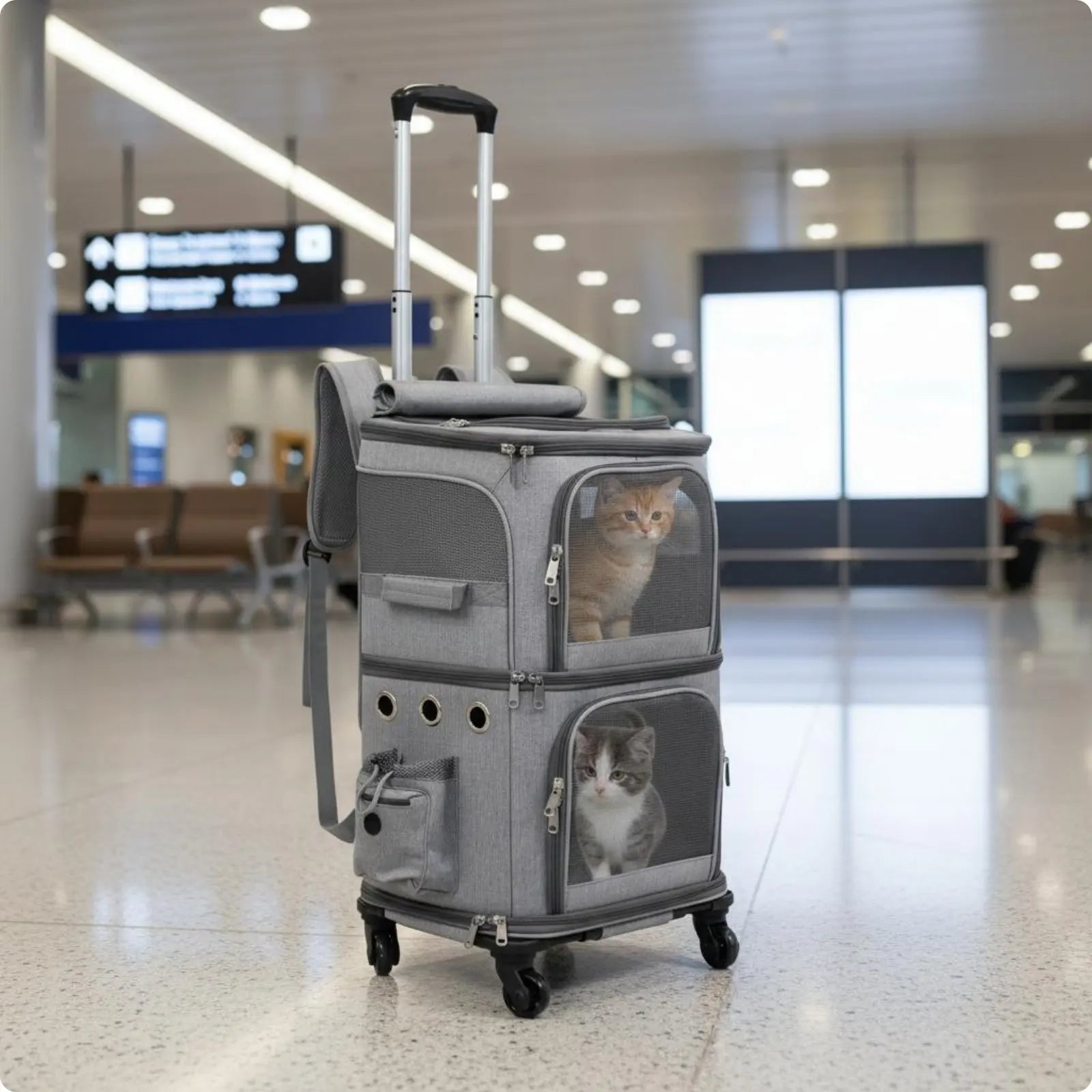 Double-Deck Pet Carrier Breathable Pet Trolley Bag Feline Travel Carrier Telescopic Handle Dog Travel Bag Side Pockets