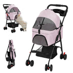 Foldable Pet Stroller, 4 Wheel Dog and Cat Stroller with Removable Carrier, Breathable Mesh Canopy, Storage Basket Cup Holder,