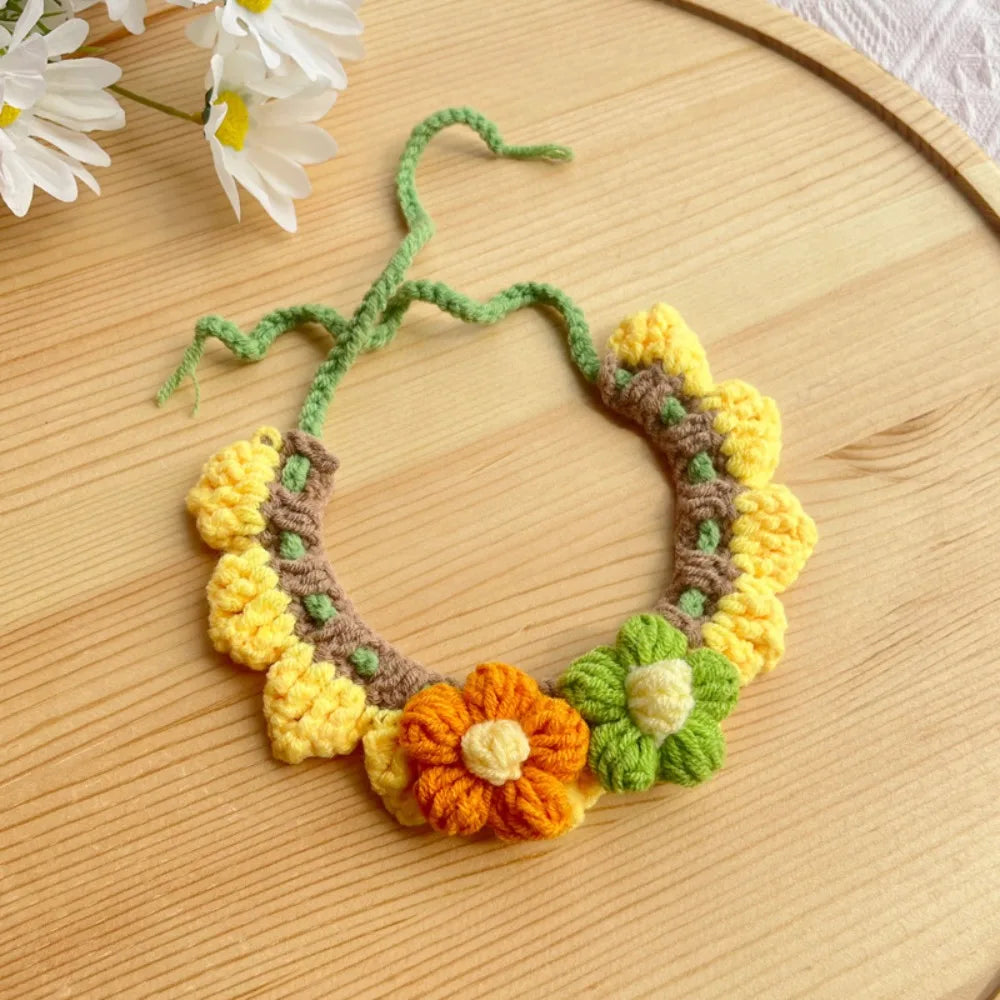 Hand-Knitted Plant-Theme Pet Bow Tie Scarf — Adjustable Elastic Cat & Dog Collar Necklace Gift