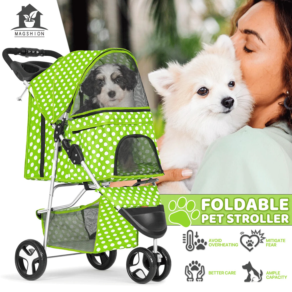 Magshion 3 Wheels Pet Dog Cat Stroller for Small Medium Dogs Cats, Foldable Jogger Stroller w/Storage Basket and Cup Holder