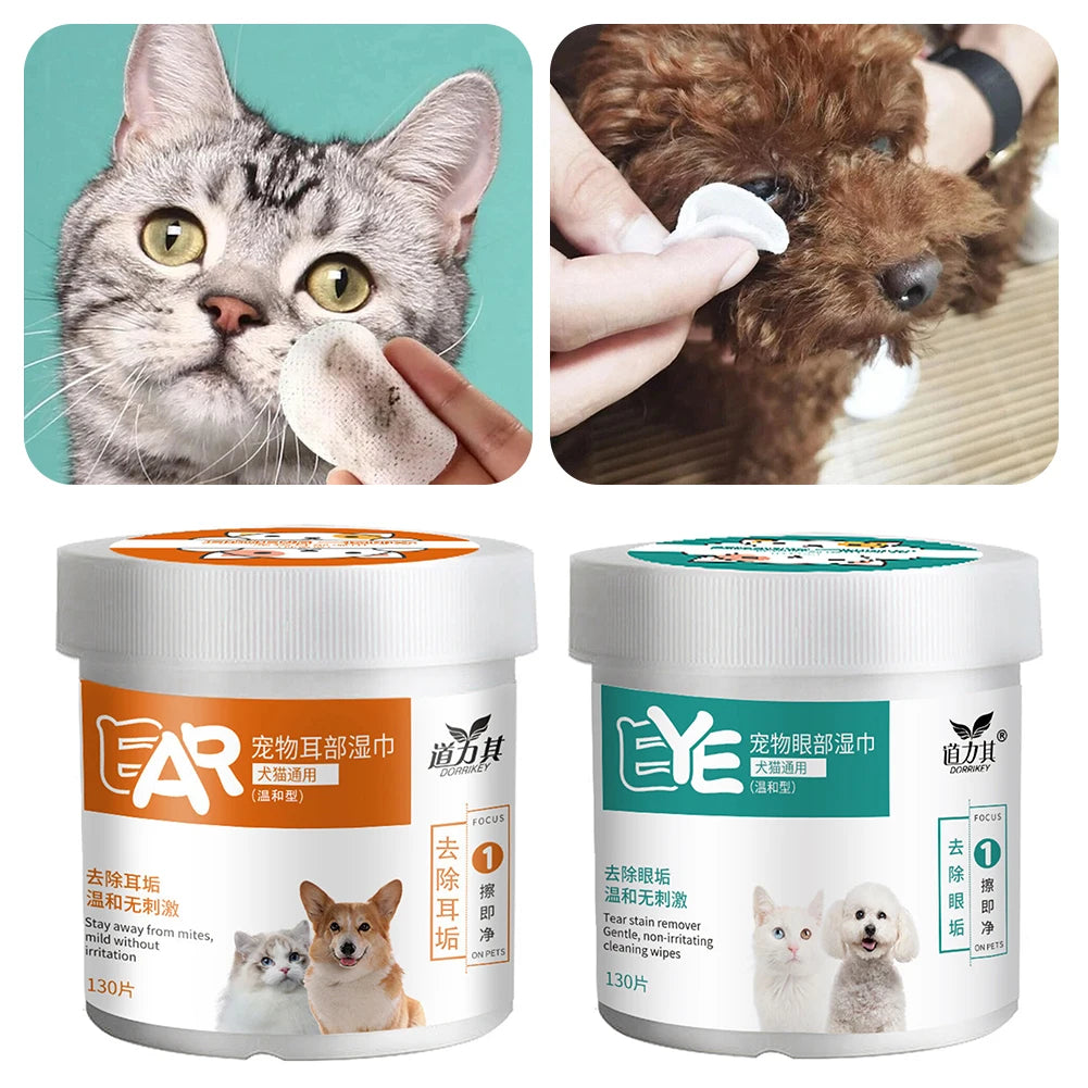 130pcs Eye Wipe For Dogs Cats,Pet Ear Cleaner Wipe Cleaning Tear Stains Dirts Earwax Wet Wipe,Tear Stain Remover Cleaner Pads