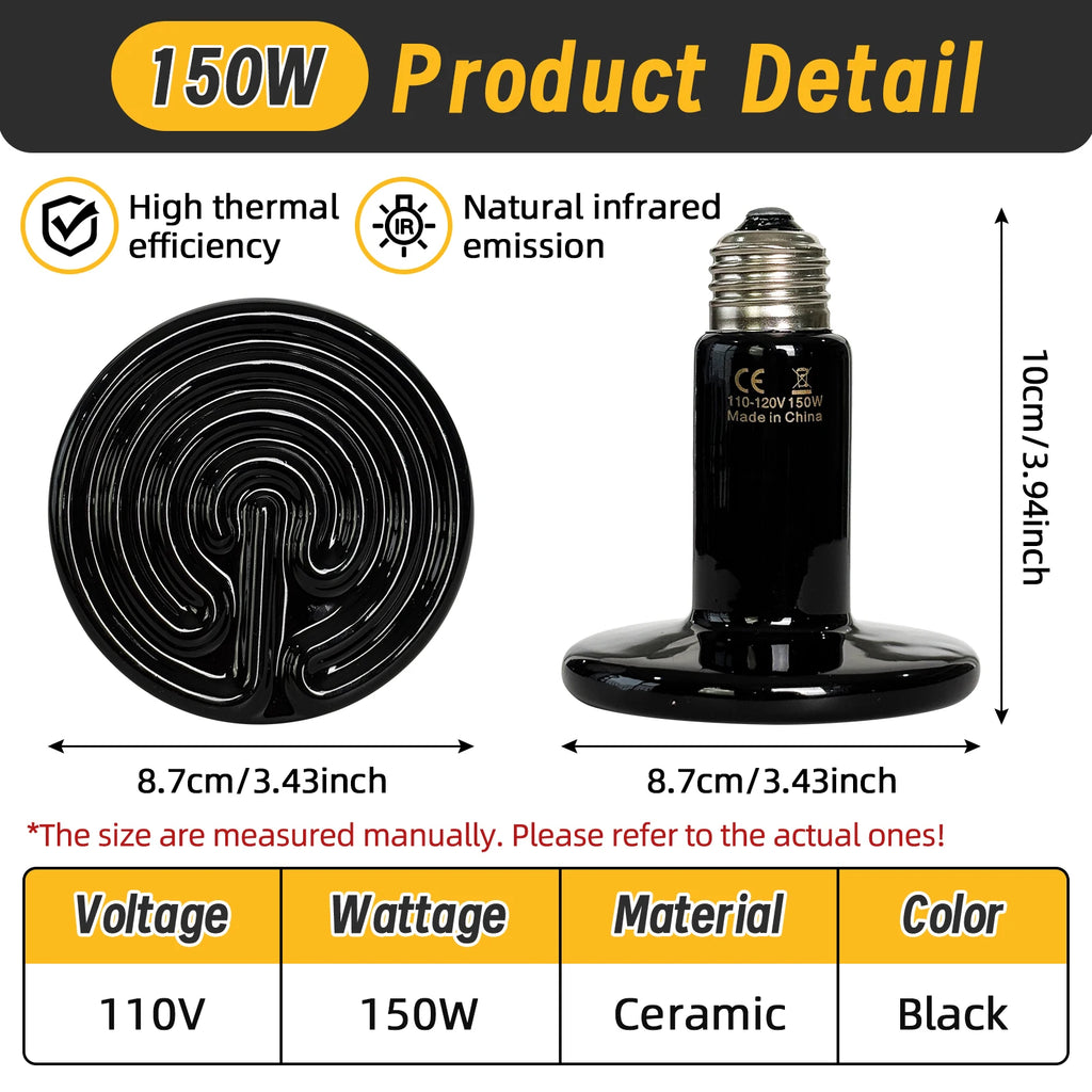 Pet Reptile Far Infrared Ceramic Heating Lamp 110V/220V Heat Emitter Light Bulb 25W 50W 75W 100W 150W 200W Animal Hatch Heating