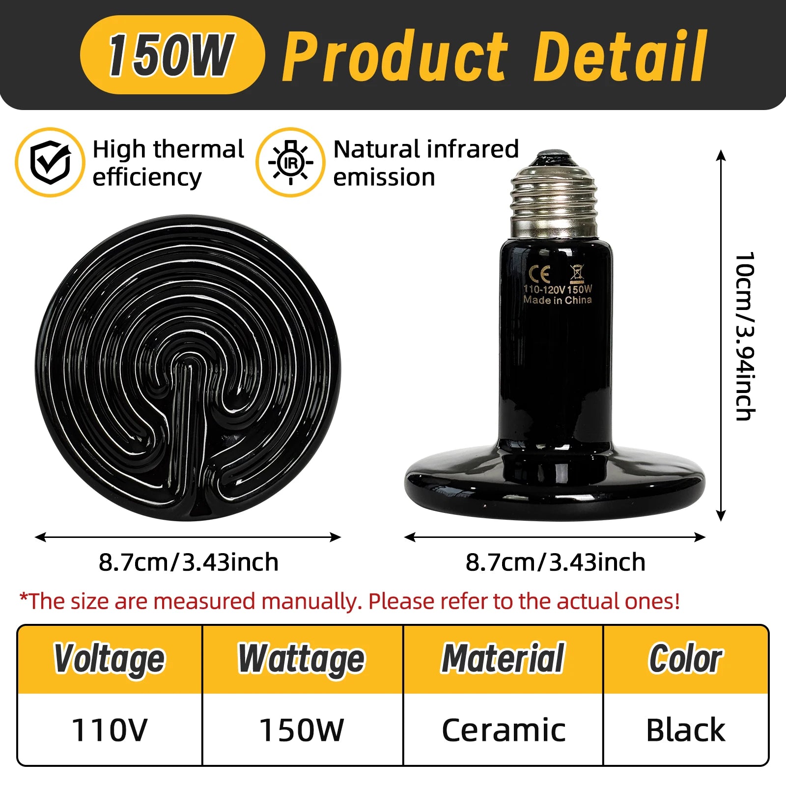 Pet Reptile Far Infrared Ceramic Heating Lamp 110V/220V Heat Emitter Light Bulb 25W 50W 75W 100W 150W 200W Animal Hatch Heating