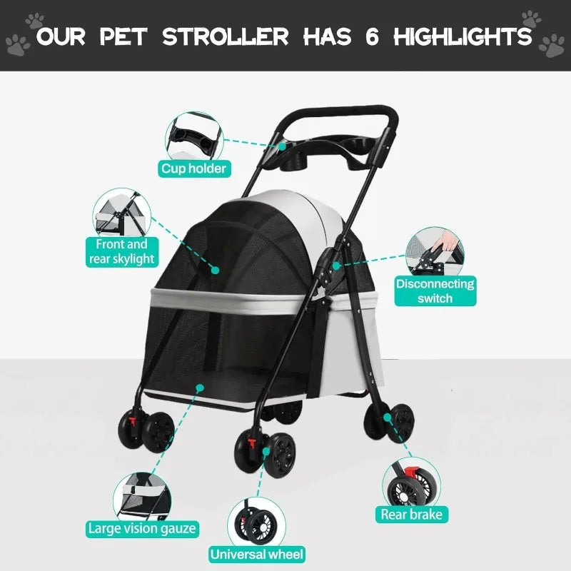Pet 4 Wheels Dog Cat Stroller Portable Foldable Trolley Pet Carrier Cart Outdoor Travel Dog Cat Cage Stroller with Cup Holder