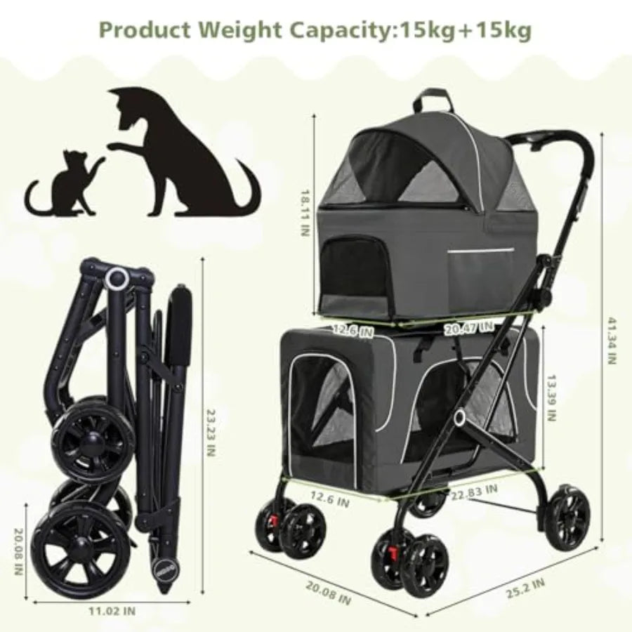 Double Dog Stroller with Detachable Carriers, Foldable 4-Wheel Pet Stroller for Small Medium Dogs Cats Rabbits, 2-Tier Travel C