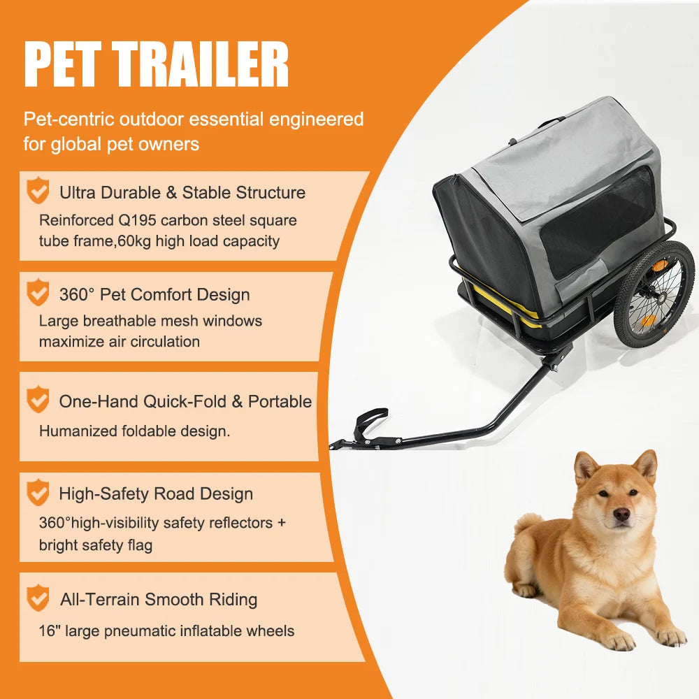 2-in-1 Dog Cat Bicycle Trailer Stroller With Suspension Shock Absorbing Wheels 600D Oxford Fabric Foldable Pet Cart
